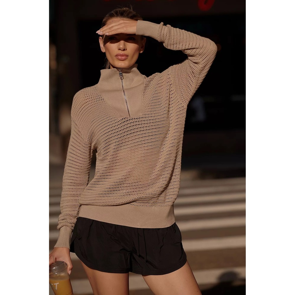 Varley Billie Long-Sleeve Half-Zip Pullover Mesh Knit Sweater Cotton Medium
